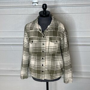 Womens Lucky Brand Flannel Jacket Plaid Sherpa Lined Green Beige Pockets Medium